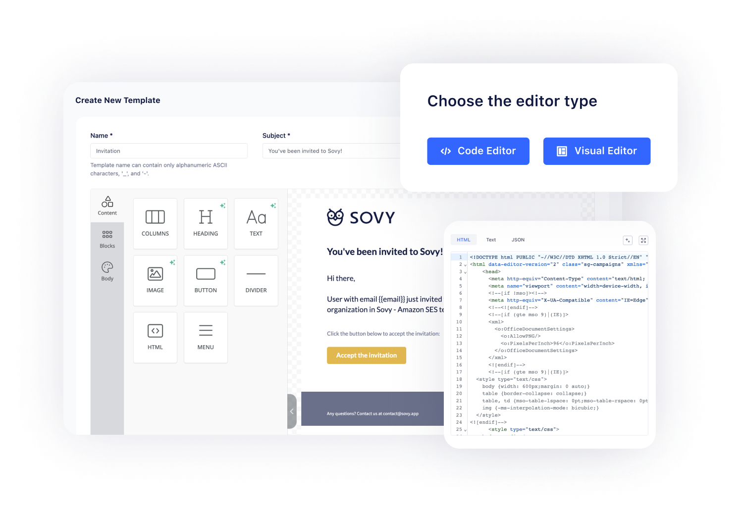 Sovy template editors: code and visual
