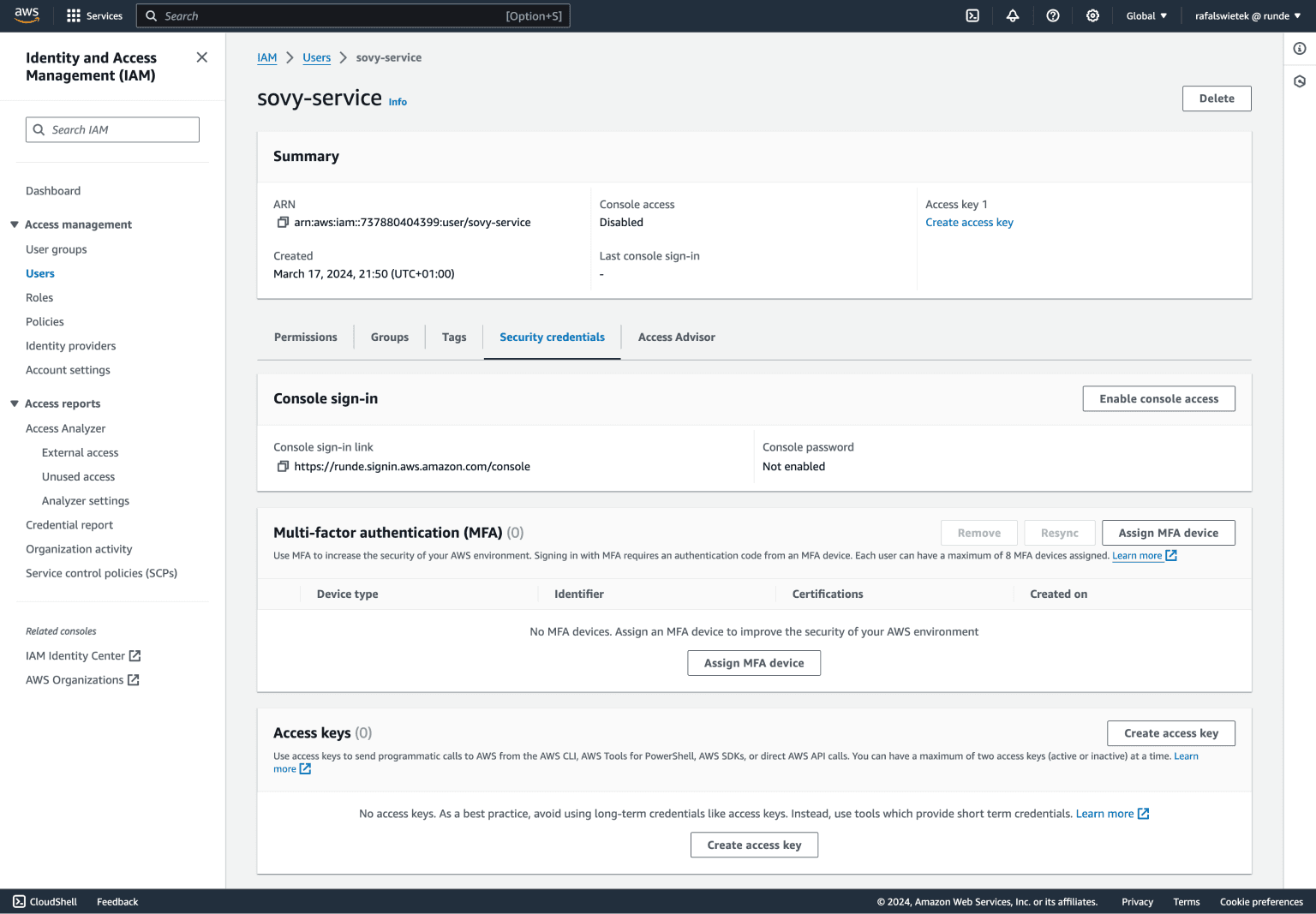 User security details | How to set up an AWS IAM user to use with Sovy - Guide | Sovy