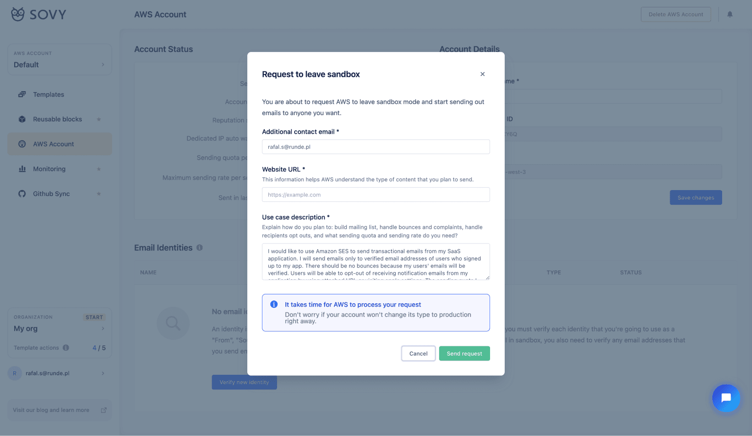 Leaving Amazon SES sandbox | How to use AWS SES email templates - Guide | Sovy