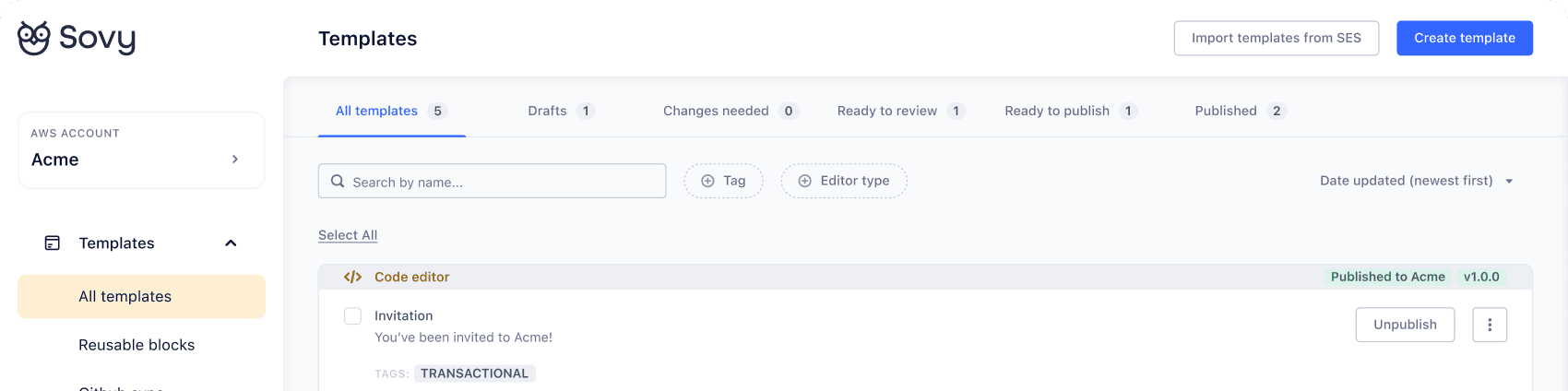 Sovy templates dashboard