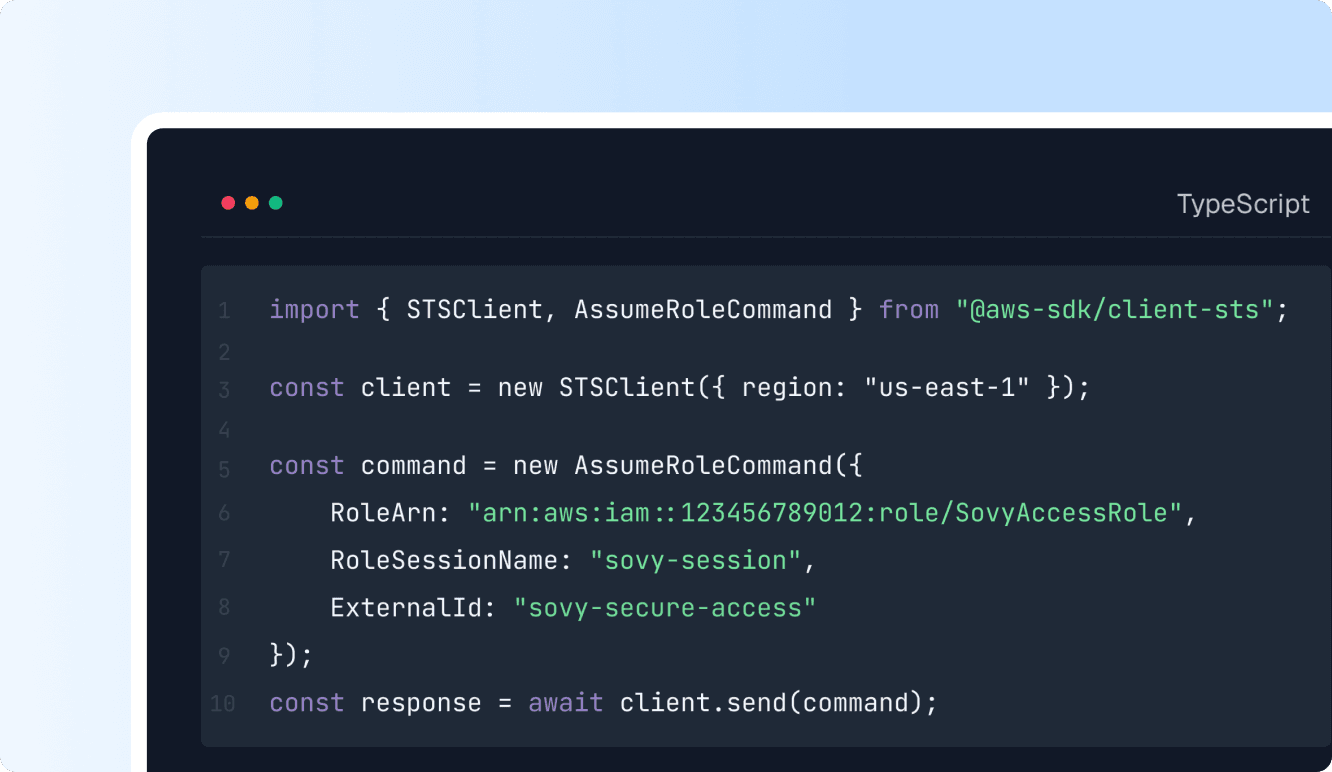 TypeScript snippet using AWS STS to assume a scoped Sovy IAM role from your account.